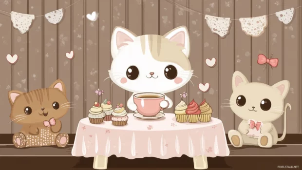 Cat enjoying tea with stuffed friends, cupcakes and pastries, cozy table setting.