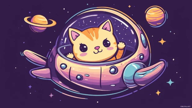 Cat in space suit floating, shiny spaceship and planets, cute helmet.