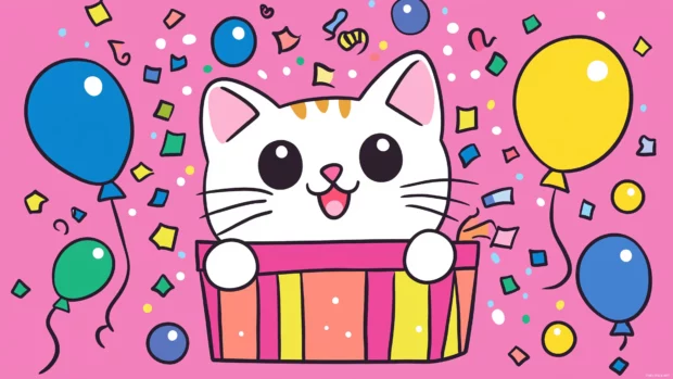 Cat peeking from box, confetti and balloons, cheerful party atmosphere.