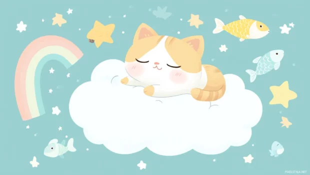 Cat sleeping on fluffy cloud, dreaming of fish, mice, with rainbow and stars.