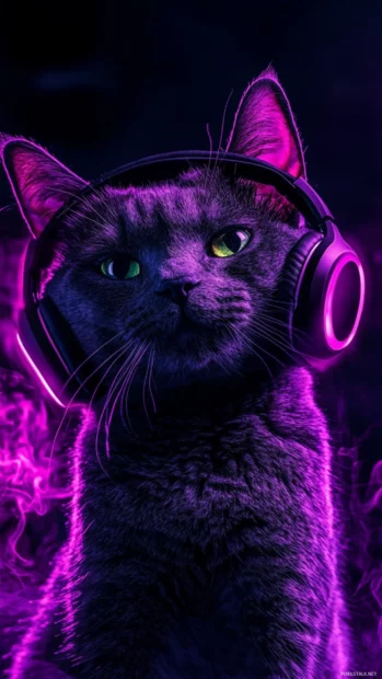 Cat with neon headphones glowing in purple tone.