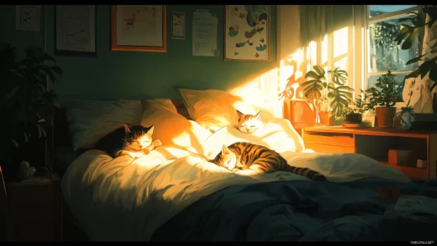 Cats pouncing softly on moving shadows in a cozy room.