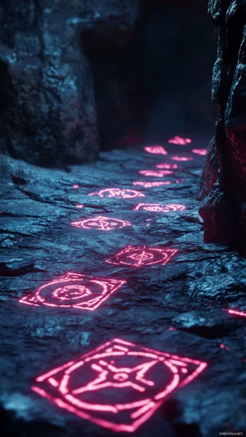 Cave of glowing runes and flickering trippy symbols buried in black stone.