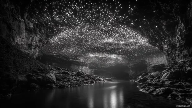 Caverns lit faintly by black starry reflections.