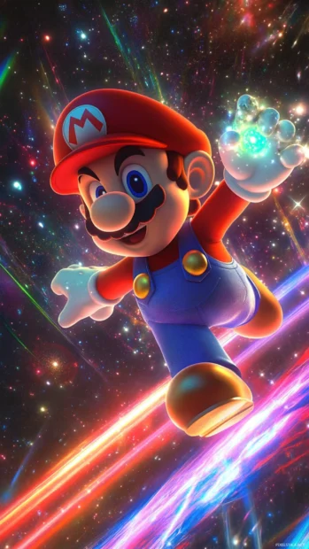 Celestial Mario Galaxy Wallpaper where Mario visits an orbiting observatory with glowing trails.