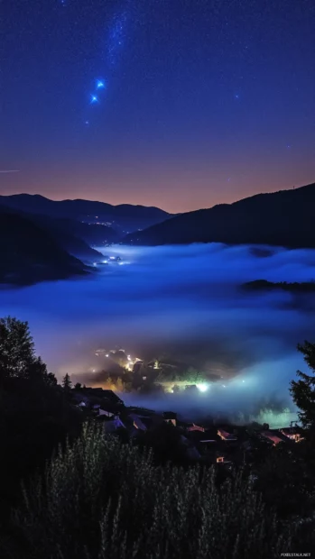 Celestial blue stars aesthetic featuring stars glowing above misty mountain valleys.