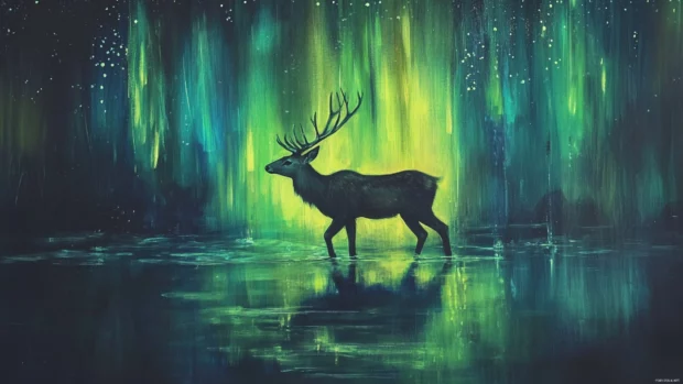 Celestial deer walking on water under the northern lights.