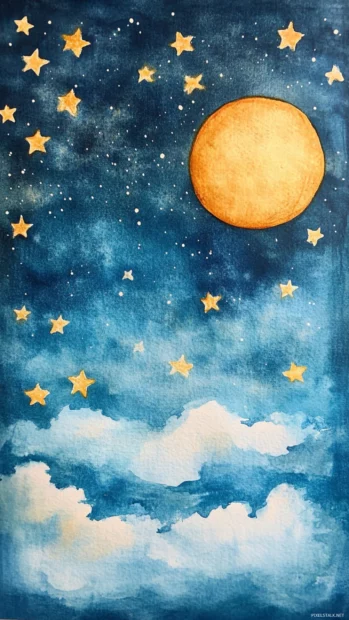 Celestial night sky with watercolor stars creating Aesthetic Watercolor Wallpapers atmosphere, Clean and Elegant style.