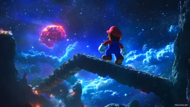 Celestial winds carry Mario across stardust bridges linking glowing islands in space.
