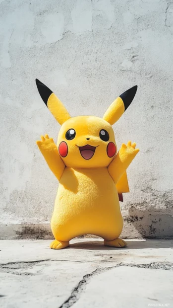 Centered Pikachu Phone Wallpapers showing Pikachu waving cheerfully in front of a plain white wall.