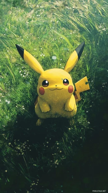 Centered perfectly, Pikachu faces front on a washed out green field.