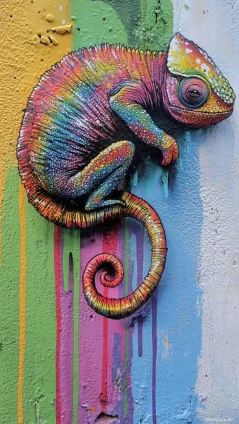 Chameleon blending with rainbow graffiti drips across side wall.