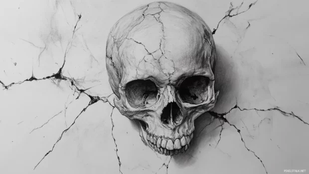 Charcoal skull drawn over cracked marble textures.