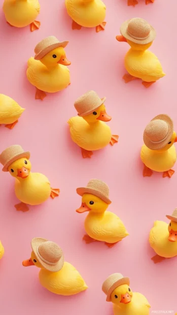 Charming Aesthetic Duck Wallpapers showing small yellow ducks wearing hats scattered across a pink backdrop.