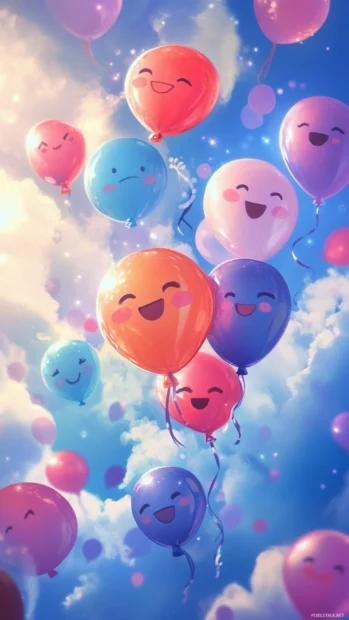 Charming Cute Lock screen Wallpapers with floating balloons and happy faces.