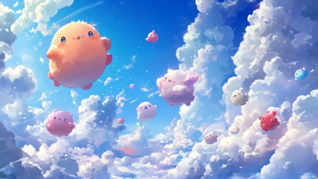 Charming Moving Anime Wallpapers of cute characters floating among fluffy clouds.