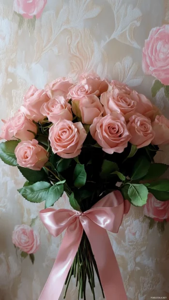 Charming Pretty Roses bouquet tied with silk ribbon inspired by Charming rose wallpaper design.
