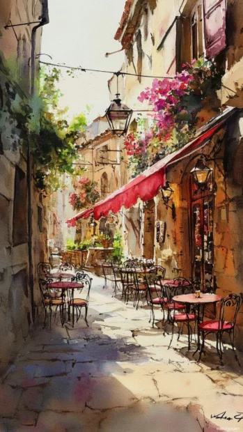 Charming Watercolor Street Caf In A Bustling European Town.
