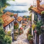 Charming Watercolor Village Scene With Cobblestone Streets And Tiny Shops.