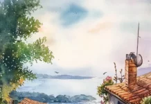 Charming Watercolor Village Scene With Cobblestone Streets And Tiny Shops.