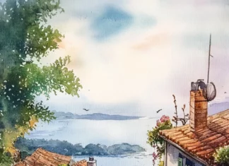 Charming Watercolor Village Scene With Cobblestone Streets And Tiny Shops.