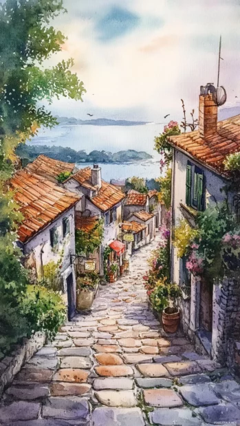 Charming Watercolor Village Scene With Cobblestone Streets And Tiny Shops.