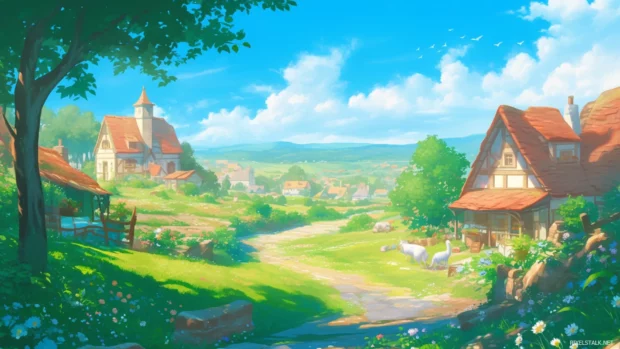 Charming cartoon wallpaper HD for desktop computer inspired by cozy village settings.