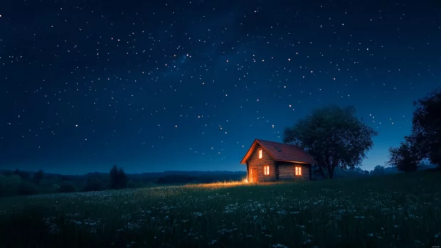 Charming countryside cottage under stars in 8K resolution desktop wallpaper style.