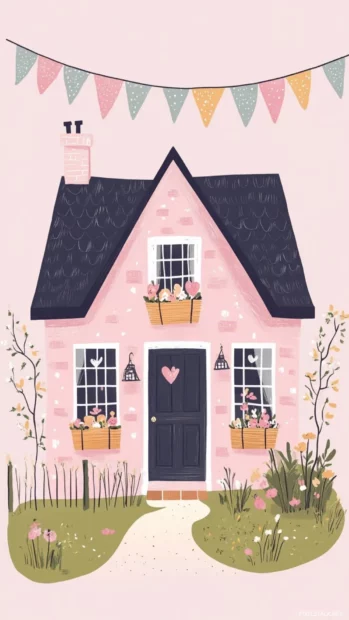 Charming pastel summer cottages with tiny flags and hanging flower baskets.