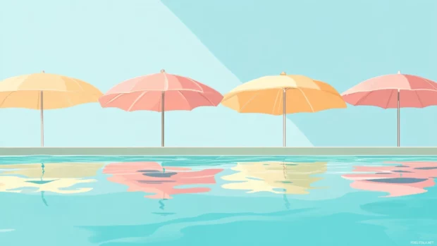 Charming pastel summer umbrellas lining a calm poolside with light reflections on the water.