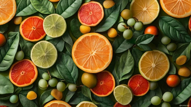 Charming pattern of tropical leaves and summer fruits blended into a vibrant aesthetic design.