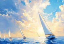 Charming sailboats drifting under a clear summer sky.