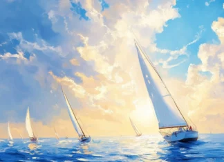 Charming sailboats drifting under a clear summer sky.