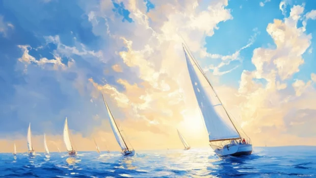 Charming sailboats drifting under a clear summer sky.