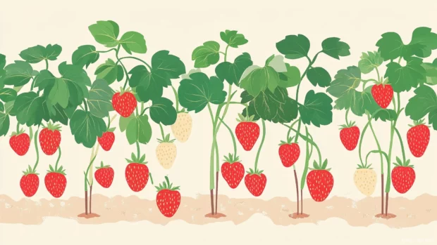 Charming strawberry farm scene with strawberry plants and ripe strawberries growing on vines, minimalist cartoon aesthetic.