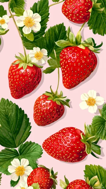 Charming strawberry pattern with flowers and leaves on soft pink background.