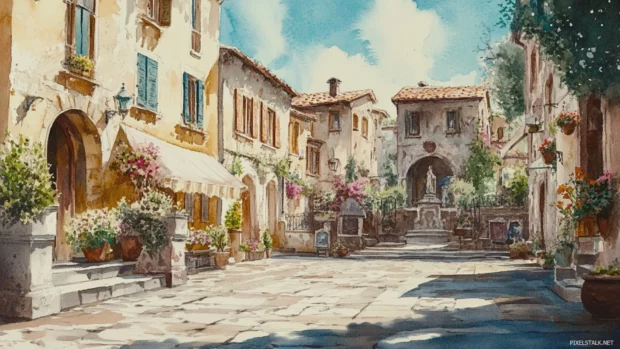 Charming village squares bustling with life in watercolor afternoon scenes.