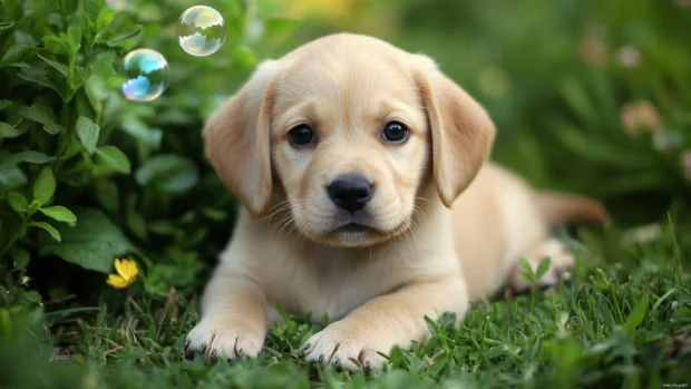 Chasing bubbles in the garden, this cute puppy is an ideal pick for anyone seeking free cute puppy wallpapers.