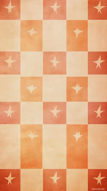 Checkered peach and tan background with star overlays.