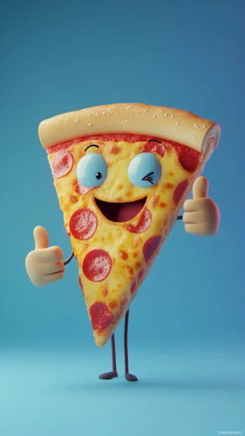 Cheeky slice of pizza winking and holding a thumbs up.
