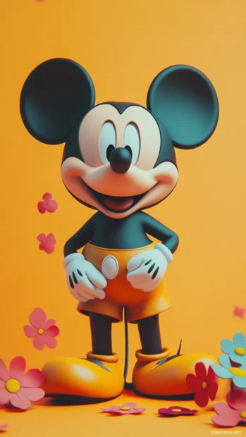 Cheerful Mickey Mouse in pastel setting, charming cartoon approach, Disney aesthetics.