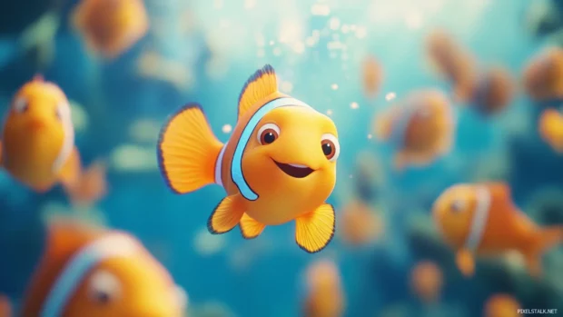 Cheerful Moving Cartoons wallpaper of cartoon fish swimming across an underwater world.