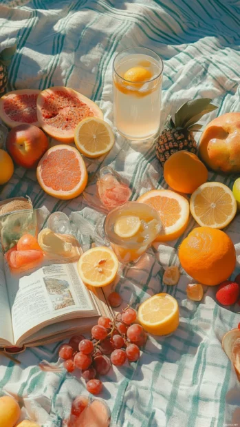 Cheerful Summer Vibes beam from a picnic blanket scattered with fruits, lemonade and a good book.