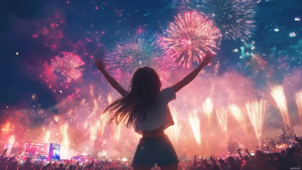 Cheerful anime girl dancing among fireworks at a summer festival.