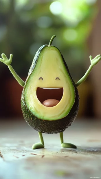 Cheerful avocado dancing happily across the screen.