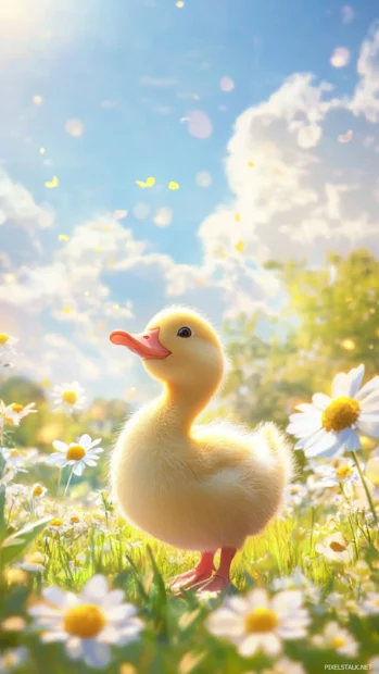 Cheerful duck illustrations walking across the screen surrounded by daisies and sunshine.