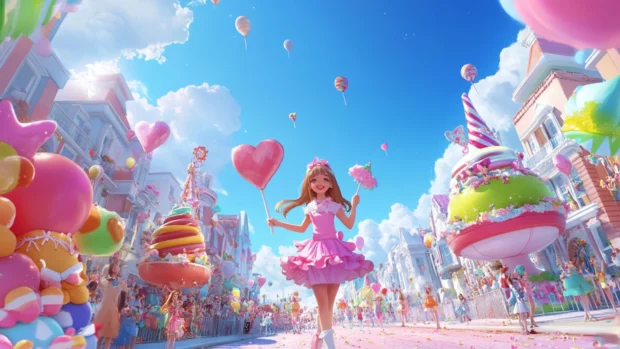 Cheerful girly parade with candy colored floats.