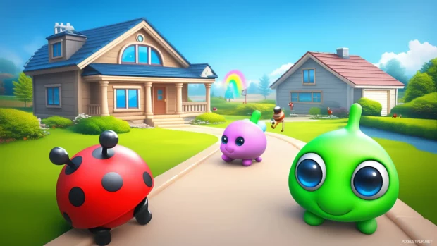 Cheerful insects, singing ladybug, bouncing bee, flowers dancing, rainbow in cartoon meadow.