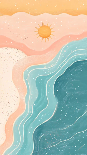 Cheerful pastel tones filled with tiny beach details, gentle sun shapes, and light ocean wave patterns.