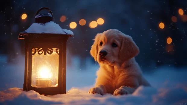 Cheerful puppy next to a lantern glowing warmly on a snowy night.